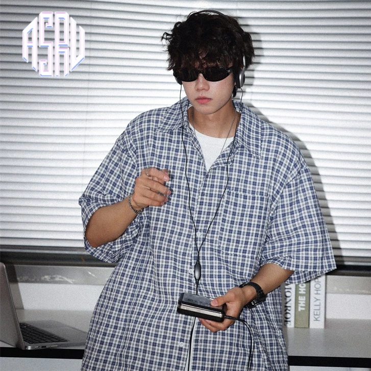 Asrv ฤดูร้อนอเนกประสงค์หลวมและหล่อสบายๆเสื้อสไตล์เป็นกลางญี่ปุ่นลายสก๊อตเสื้อแขนสั้น