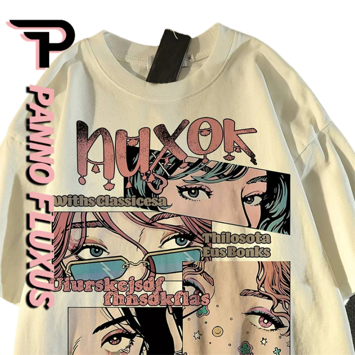 Pannofluxus เสื้อยืดผู้ชายแขนสั้นญี่ปุ่นย้อนยุคอะนิเมะพิมพ์หลวมสบายๆผ้าฝ้ายแท้แขนสั้น
