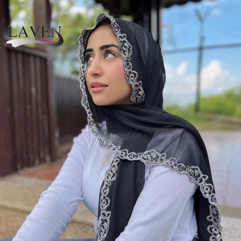 Laven เย็บปักถักร้อย Sulam ผ้าคลุมไหล่เพิร์ลชีฟองลูกไม้ผ้าพันคอผู้หญิงบาง Tudung All-Match แฟชั่นมุสลิมฮิญาบ