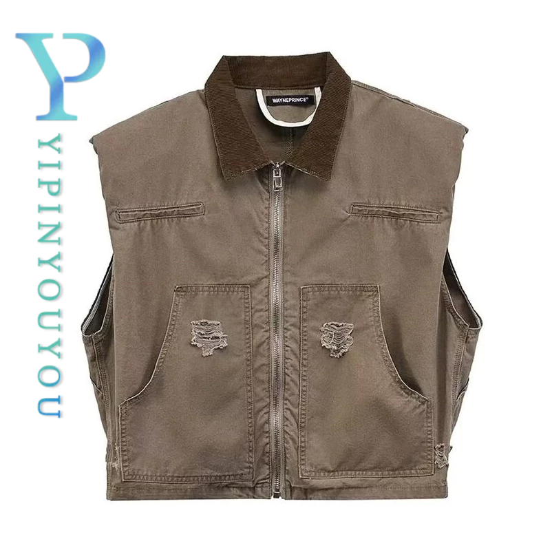 YIPINYOUYOU  เสื้อกั๊กผู้ชาย แฟชั่นสไตล์เกาหลีล้างสีกากีพับเสื้อกั๊กยีนส์คอปก