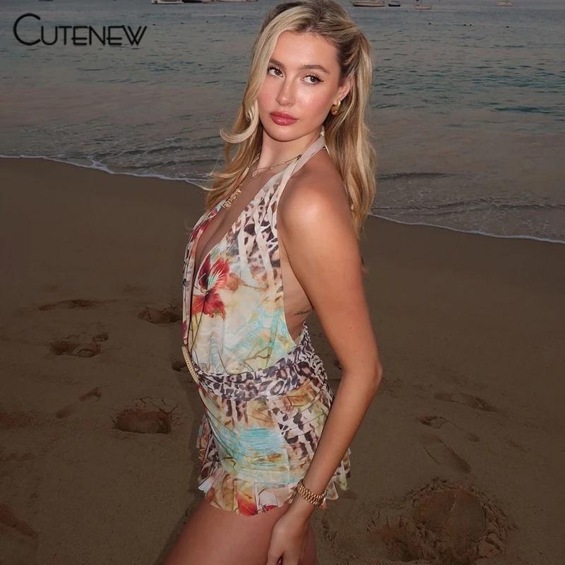 Cutenew Tie Dye Beach Dress ผู้หญิงฤดูร้อน Ruffle Halter Backless เดรสสั้น