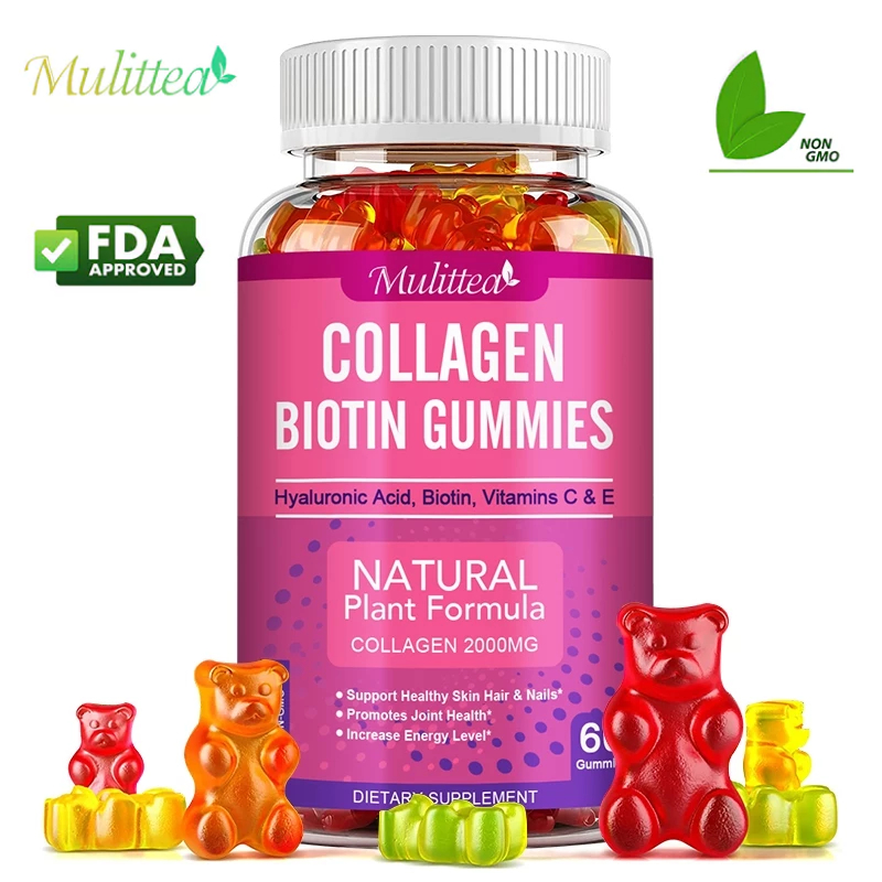 Mulittea Collagen Biotin Gummies Collagen 2000 Mg + กรดไฮยารูลอนิก + ไบโอติน + วิตามินซี & E รองรับสุขภาพผิวหนังเส้นผมและเล็บ ส่งเสริมสุขภาพข้อต่อเพิ่มระดับพลังงาน