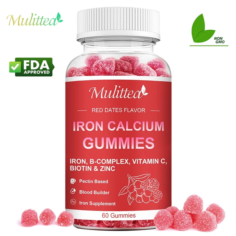 Mulittea Iron Calcium Gummies เหล็กแคลเซียม อาหารเสริมธาตุเหล็กจากธรรมชาติสำหรับสร้างเลือดด้วยวิตามินซี สังกะสี กรดโฟลิก และวิตามินบี
