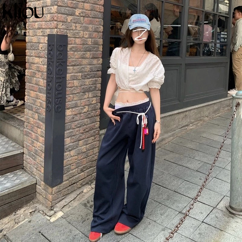 Kliou กางเกงลําลองชุดแขนสั้นสะดือสัมผัสลูกไม้ Frenulum Skinny ดูทินเนอร์อเนกประสงค์ Street บรรยากาศสไตล์ 2024 ใหม่