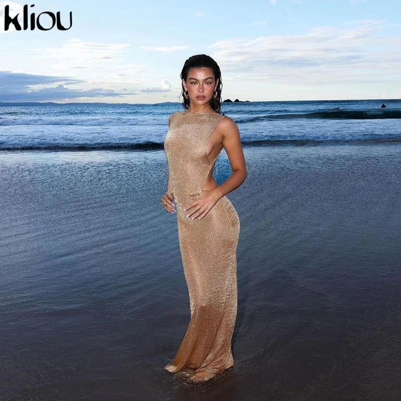Kliou Casual Maxi Dresses คอกลมปิดแขน Backless Solid อเนกประสงค์ฤดูร้อนบรรยากาศสไตล์แฟชั่นผู้หญิง 2024 Hot New
