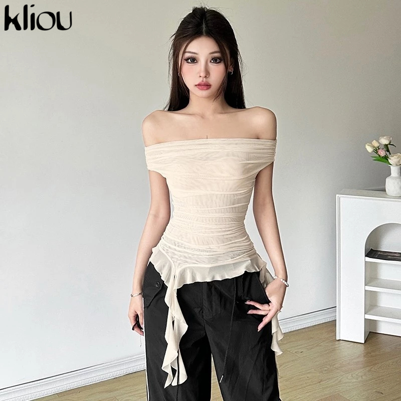 Kliou Casual Strapless Vest หนึ่งไหล่ Backless Solid Ruched อเนกประสงค์บรรยากาศสไตล์แฟชั่น Advanced Sense 2024 ร้อนใหม่