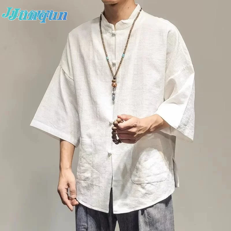 JUNQUN เสื้อคอจีนผู้ชาย เสื้อม่อฮ่อม เสื้อเชิ้ตผู้ชายผ้าลินิน M-3XL JQ101