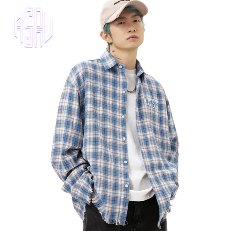 Asrv ฤดูร้อนแฟชั่นลําลองอเนกประสงค์เสื้อเชิ้ตแขนยาวอเมริกัน สูง ถนน เสื้อเชิ้ตลายหมากรุกสําหรับบุรุษและสตรี