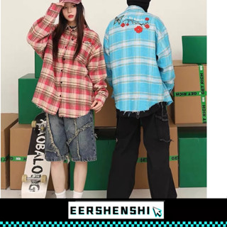 EERSHENSHI สไตล์อเมริกันย้อนยุคสไตล์วิทยาลัยเสื้อลายสก๊อตสีช…