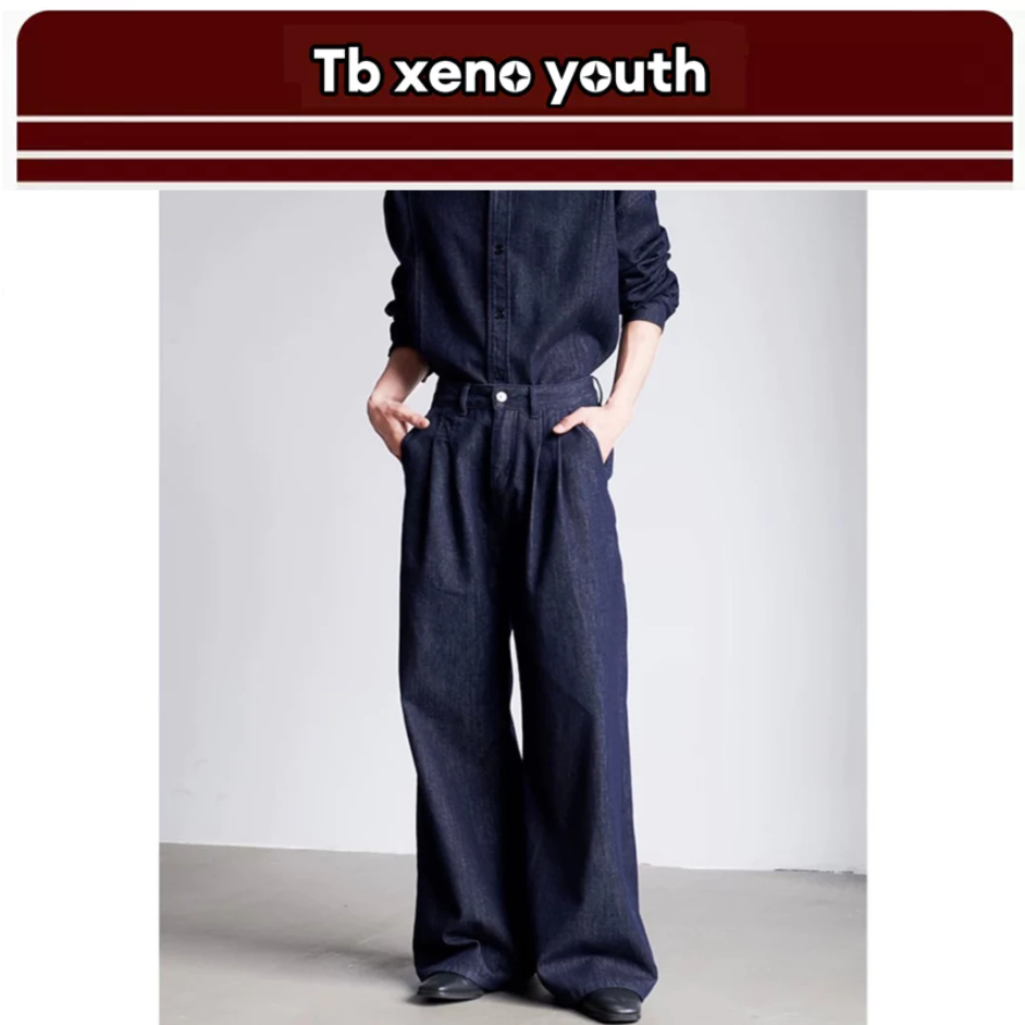Tb xeno youth Mens Jeans American Wash Aged New High Street Vintage Straight Loose Fit Casual Pants