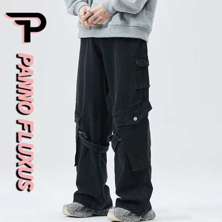 PannoFluxus กางเกงยีนส์ผู้ชาย American high street หลวมสบายๆ กางเกงยีนส์สไตล์สตรีทย้อนยุคญี่ปุ่น