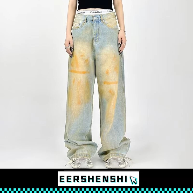 EERSHENSHI กางเกงผู้ชายสวมใส่กางเกงยีนส์อเมริกันย้อนยุคหลวมขากว้างตรงซับ