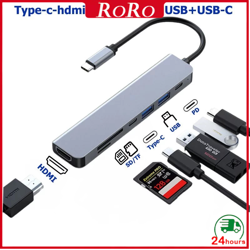 【จัดส่งตลอด 24 ชั่วโมง】Mall ป้ายอินไลน์ Type-C HUB อะแดปเตอร์ HUB USB-C รองรับสูงสุด HDMI 4K 30Hz + USB2.0 + USB3.0 + PD + SD/TF แจ็คเสียงสําหรับ Macbook Pro OTG