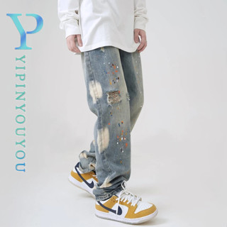 YIPINYOUYOU กางเกงยีนส์ผู้ชายสไตล์อเมริกันสตรีทหลวมสบาย ๆ กา…