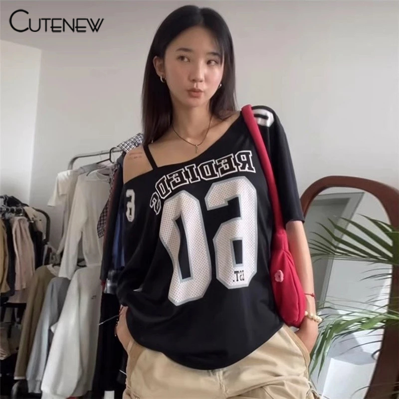 Cutenew เสื้อยืดปิดไหล่ Streetwear ผู้หญิงฤดูร้อนวินเทจพิมพ์ลําลองหลวมด้านบน