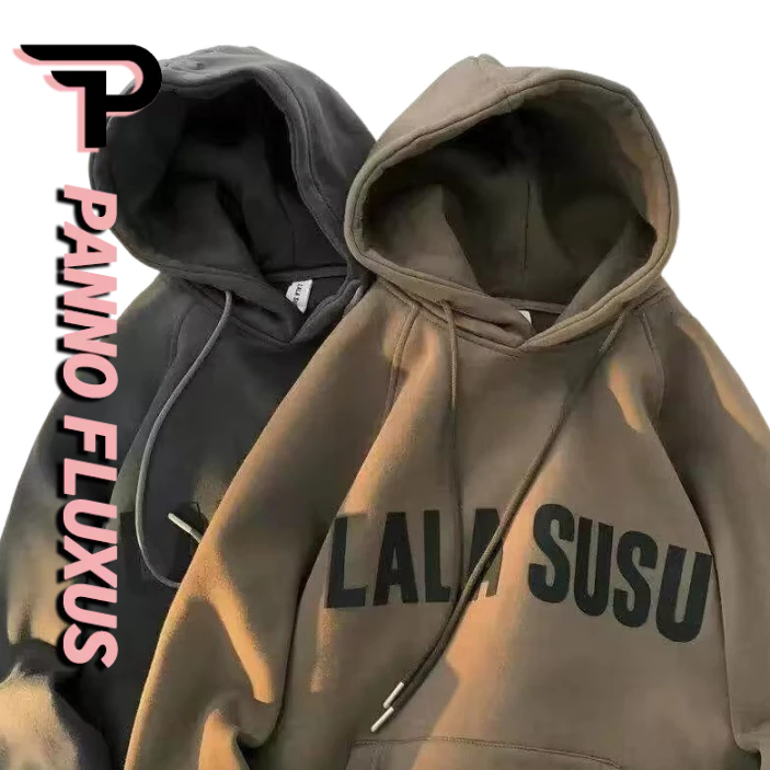 PannoFluxus เสื้อกันหนาว มีฮู้ด ผ้ากํามะหยี่ พิมพ์ลายตัวอักษร ทรงหลวม สไตล์ญี่ปุ่น สําหรับคู่รัก