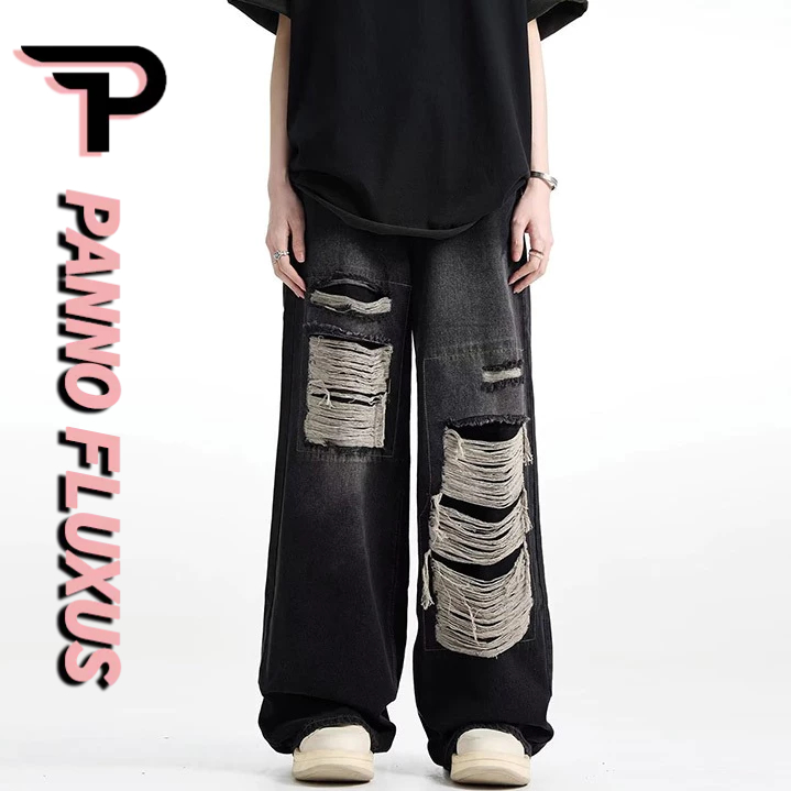 PannoFluxus  แฟชั่นฤดูร้อนใหม่หลวมพอดีฉีกเข่ากางเกงยีนส์ย้อนยุคสไตล์อเมริกันถนน