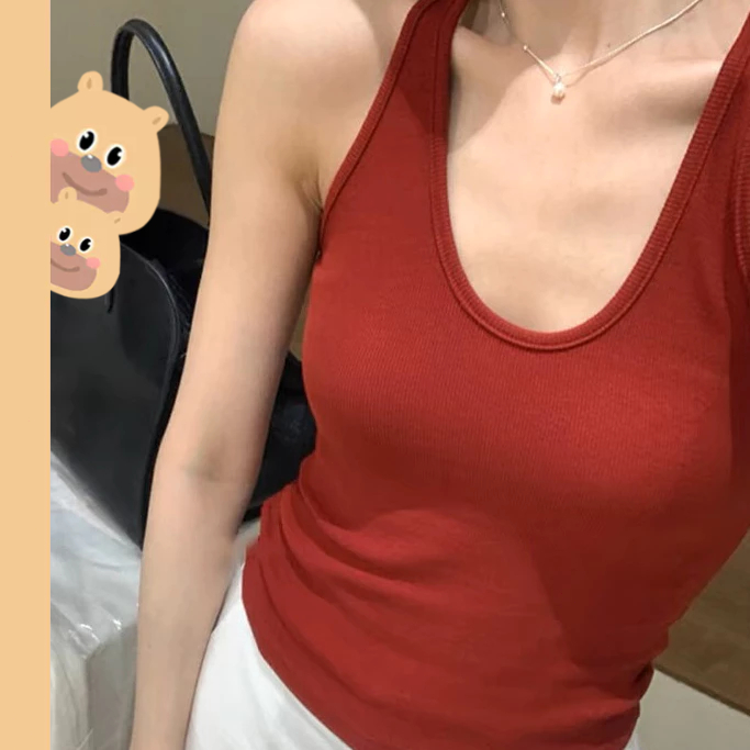 🎀bearbra🎀เสื้อแขนกุดคอยูบางสําหรับผู้หญิงสีทึบ สายเดี่ยว สําหรับฤดูร้อน