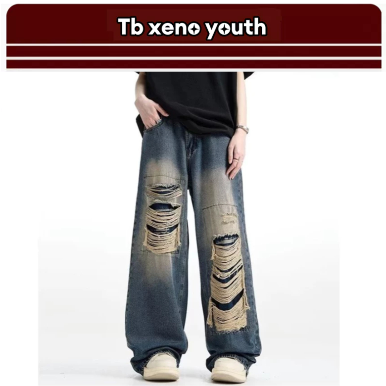 Tb xeno youth กางเกงยีนส์ผู้ชายดีไซน์ขาดความรู้สึกสตรีทมีเอกลักษณ์บุคลิกภาพกางเกงขาตรง