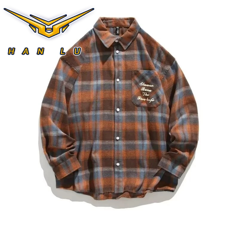 ฮั่นลู่ เสื้อเชิ้ตแขนยาวลายสก๊อตอเมริกันย้อนยุคด้านบนลําลองหลวม