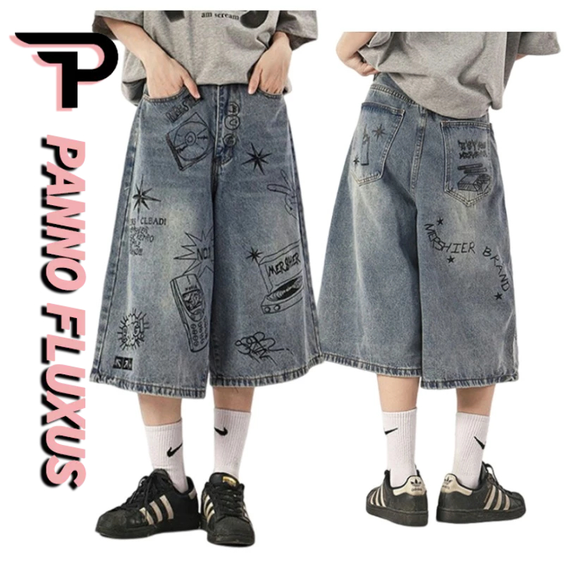 Pannofluxus  กางเกงขาสั้นผู้ชาย Retro Graffiti ผู้ชายและผู้หญิงหลวมสบายๆขากว้าง Cropped กางเกงยีนส์