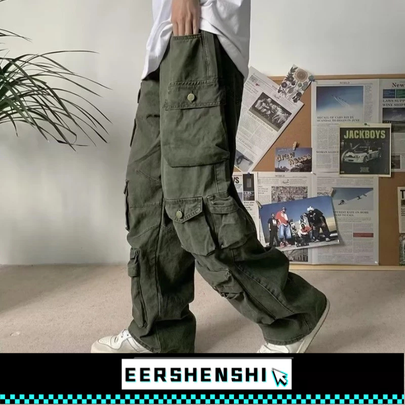 EERSHENSHI กางเกงผู้ชาย American Retro Multi-Pocket แฟชั่นแบรนด์ High Street ตรงหลวม Mop ขากว้าง Leisure