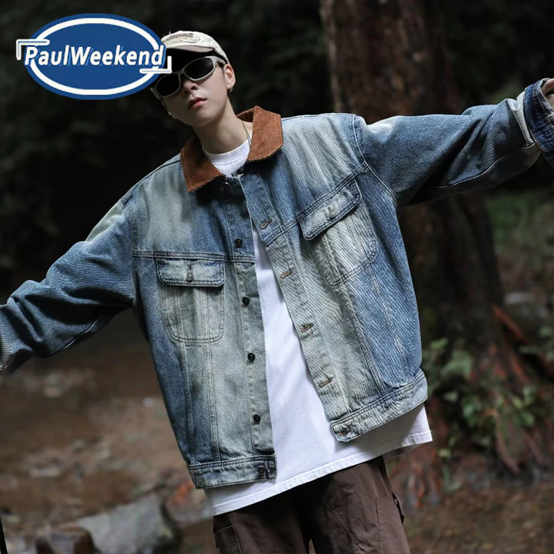 PaulWeekend เสื้อผู้ชายแฟชั่นแบรนด์ย้อนยุคสีฟ้าล้างฤดูใบไม้ผลิและฤดูใบไม้ร่วงผ้ายีนส์หลวมทุกการแข่งขันอเมริกันแจ็คเก็ต
