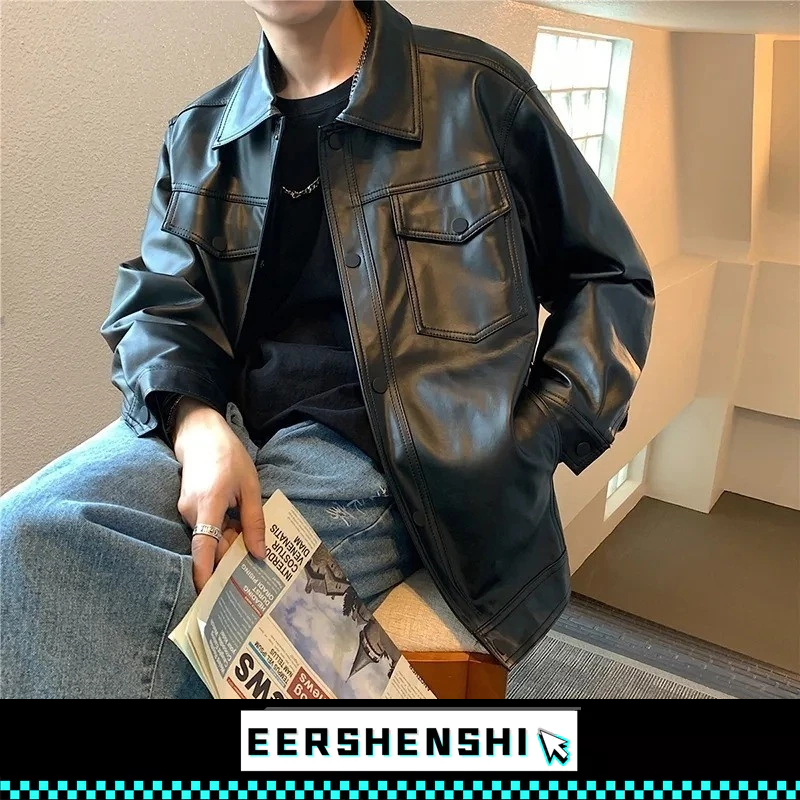 EERSHENSHI เสื้อโค้ทผู้ชายฤดูใบไม้ร่วงอินเทอร์เน็ตคนดังเสื้อหนังรถจักรยานยนต์ย้อนยุคประเภทเกาหลีแฟชั่นแบรนด์หลวม