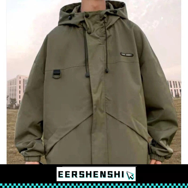 EERSHENSHI เสื้อแจ็คเก็ตกลางแจ้งสําหรับผู้ชายเสื้อแจ็คเก็ตมีฮู้ดแขนยาวอินเทรนด์เกรซสีทึบใหม่