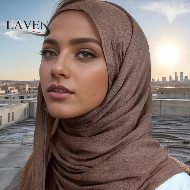 ลาเวน ผ้าคลุมไหล่ย่นกว้างเรยอนผ้าฝ้ายผ้าคลุมไหล่ธรรมดากิริยาฮิญาบนุ่มสบายมุสลิมผ้าคลุมไหล่ไร้เหล็ก