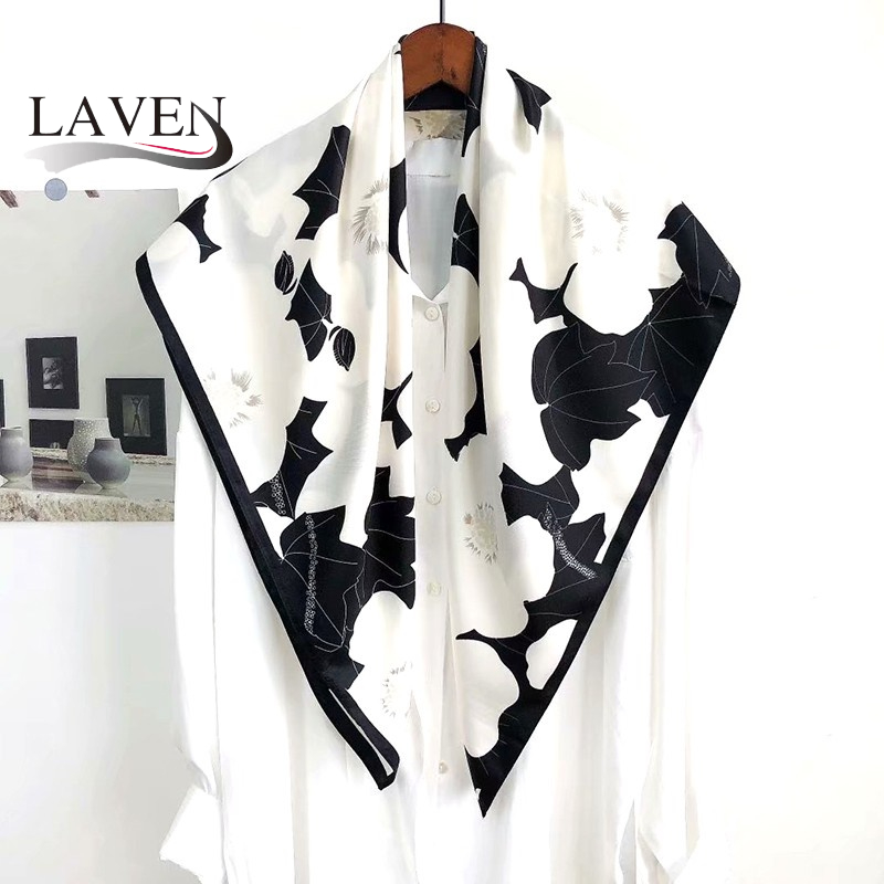 ลาเวน ผ้าพันคอแฟชั่น90x90เซนติเมตรผ้าพันคอสี่เหลี่ยมพิมพ์ผ้าพันคอผู้หญิงดอกไม้จําลองผ้าไหมตารางผ้าพันคอผ้าคลุมไหล่