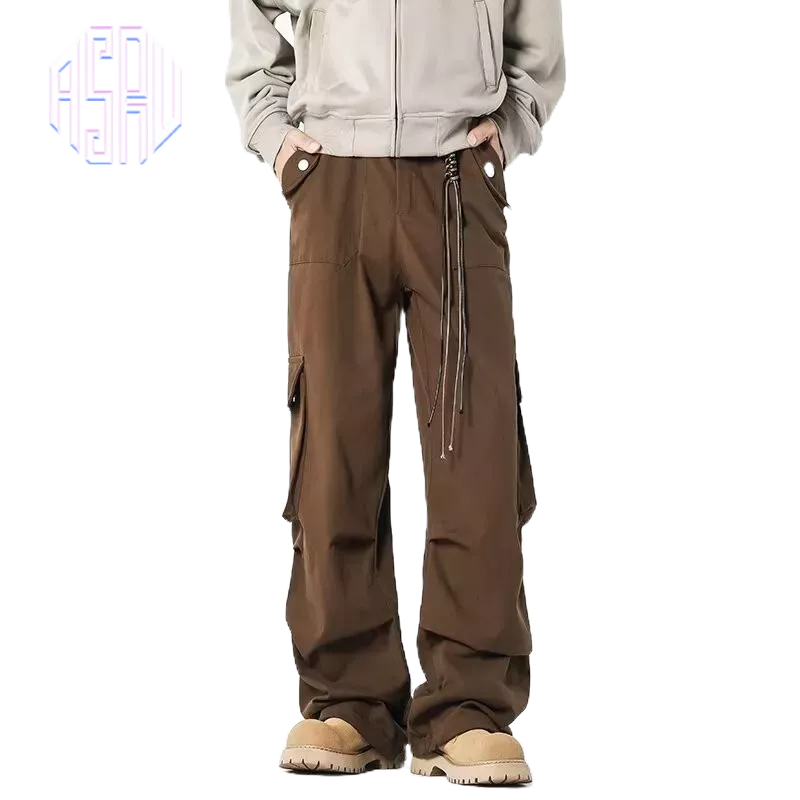 Asrv Autumn Vintage Loose Straight Casual Pants Maillard Brown Multi-Pocket Cargo Pants