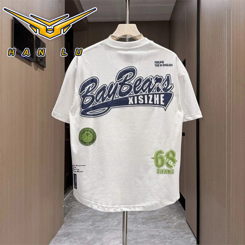 ฮั่นลู่ เสื้อยืดแขนสั้นผ้าฝ้ายญี่ปุ่นผู้ชายกราฟฟิตีพิมพ์หลวมด้านบน