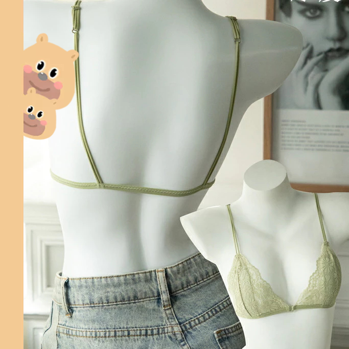 🎀bearbra🎀ถ้วยสามเหลี่ยมฝรั่งเศสสุดเซ็กซี่สําหรับฤดูร้อน บราตะขอหน้า บราลูกไม้ บราไม่มีโครง