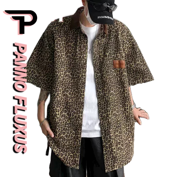 PannoFluxus เสื้อเชิ้ตแขนสั้นผู้ชายแฟชั่นและเป็นที่นิยมอเมริกันย้อนยุคหลวมสบายๆเสือดาวพิมพ์เสื้อฮาวายสไตล์ฮ่องกง