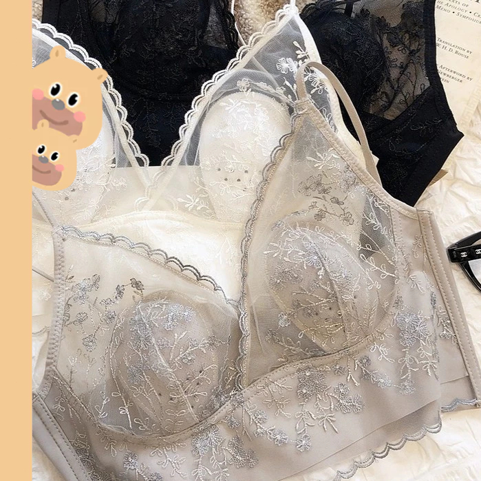 bearbra ชุดชั้นในบางเฉียบของผู้หญิงฝรั่งเศส บราลูกไม้ เย็บปักถักร้อย บราไร้โครง สายเดี่ยว