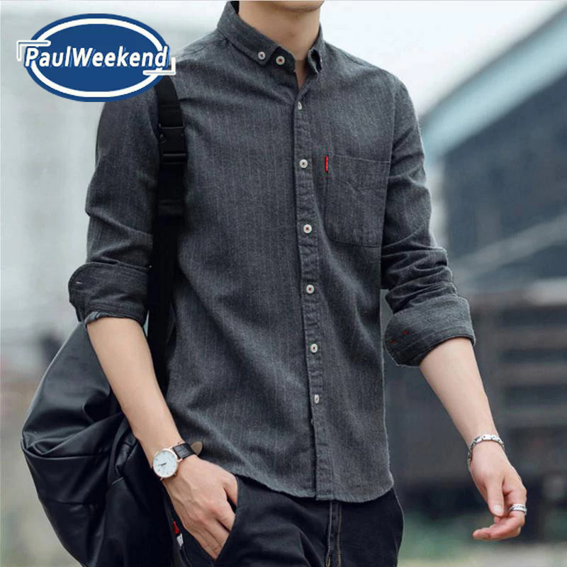 PaulWeekend เสื้อเชิ้ตแขนยาวผู้ชายลายทางลําลองสไตล์เกาหลีฤดูใบไม้ผลิและฤดูใบไม้ร่วงแบบใหม่