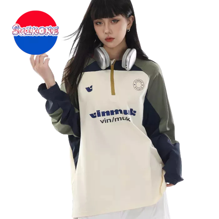 SUIKONE Suikeone เสื้อยืดแขนยาวขี่จักรยานแห้งเร็วย้อนยุคอเมริกันกีฬาฤดูร้อนครึ่งซิปเสื้อยืดสไตล์ unisex