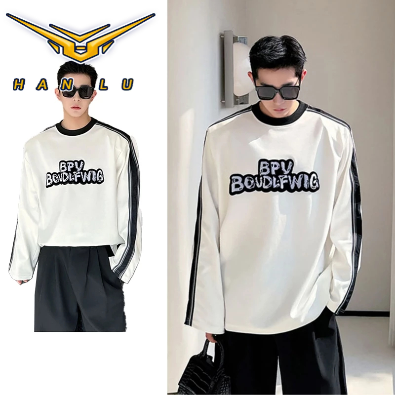 HANLU เสื้อกันหนาวแขนยาวผู้ชายเกาหลีเรียบง่ายพิมพ์หลวมด้านบน