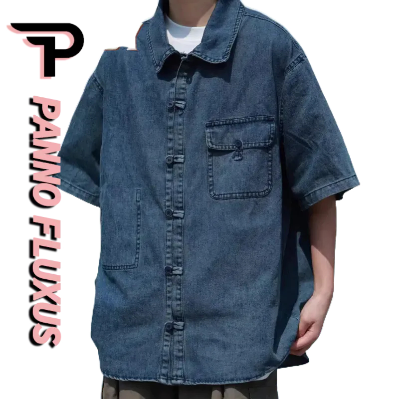 PannoFluxus เสื้อเชิ้ตแขนสั้นผู้ชายอเมริกันย้อนยุคหลวมสบายๆญี่ปุ่นคุณภาพสูงสไตล์เป็นกลางผ้ายีนส์เสื้อแขนสั้น