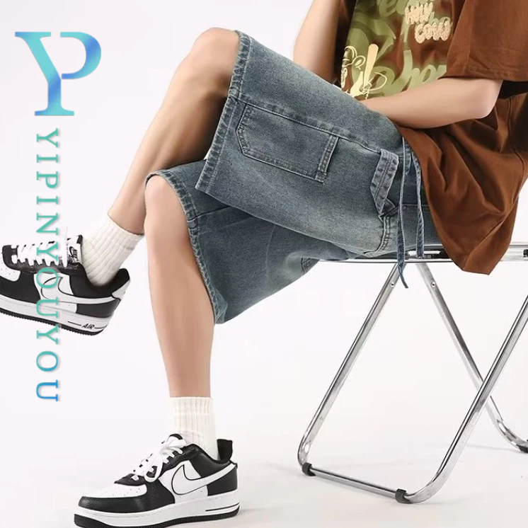 YIPINYOUYOU ชุดเอี๊ยมกางเกงยีนขาสั้น ยาวคลุมเข่า ทรงหลวม สไตล์เรโทร สําหรับผู้ชาย