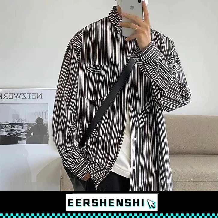 EERSHENSHI เสื้อเชิ้ตผู้ชายลายทางเสื้อเชิ้ตแขนยาวลำลองผู้ชายฤดูใบไม้ร่วง