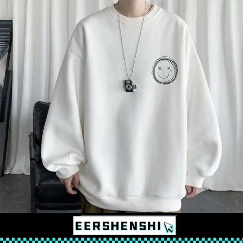 EERSHENSHI เสื้อสเวตเตอร์ผู้ชายลายหน้ายิ้มสีทึบสไตล์เกาหลีลําลองด้านบน