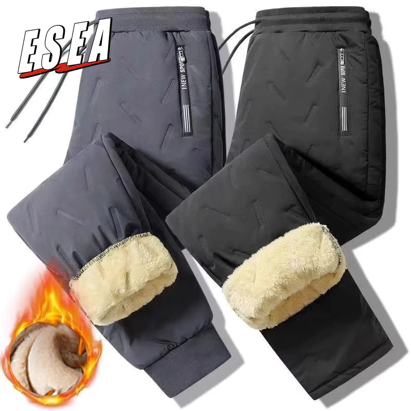 Esea Cashmere กางเกงหิมะหนาบุขนสําหรับฤดูหนาวของผู้ชายกางเกงผ้าฝ้ายกันลม
