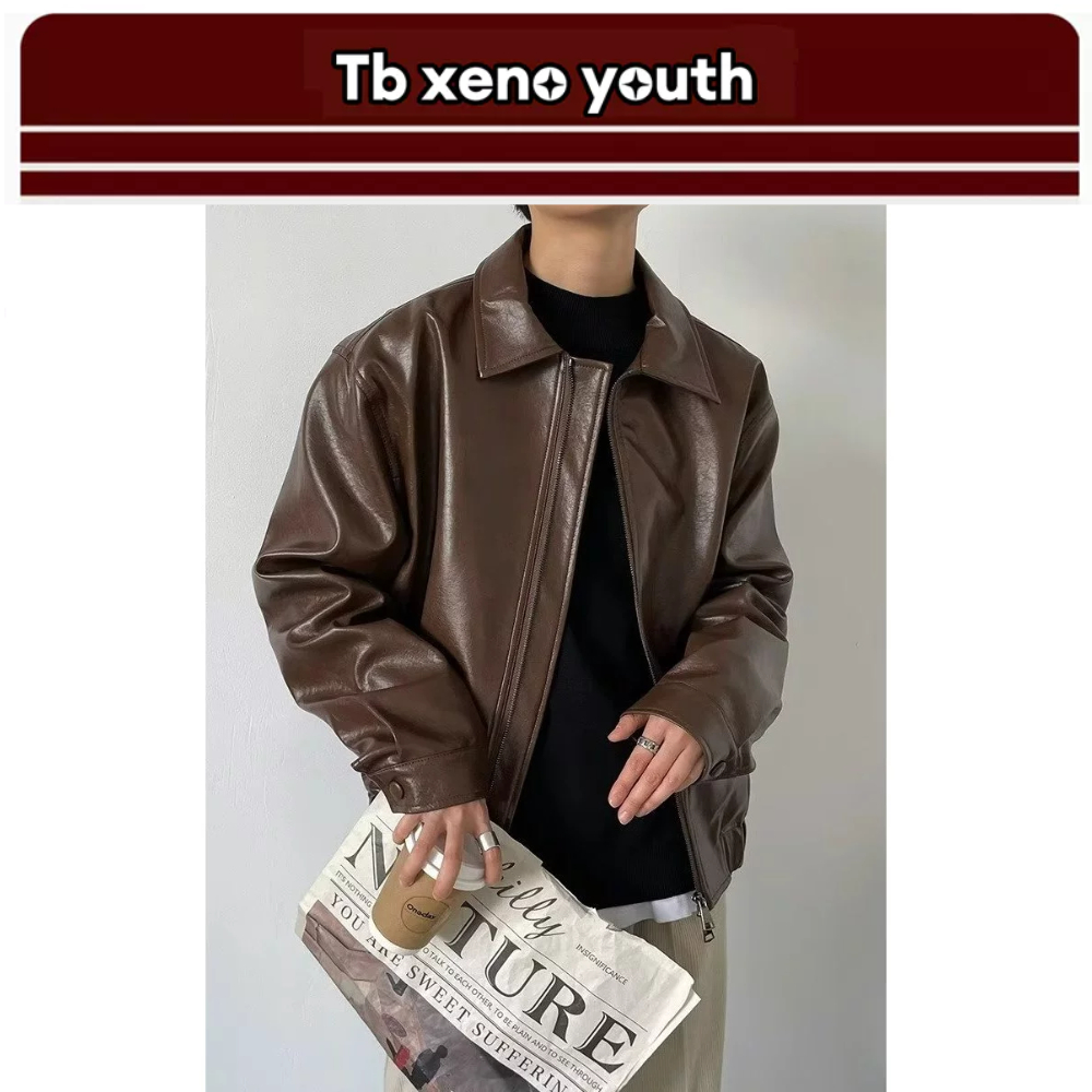 Tb xeno youth เสื้อแจ็คเก็ตผู้ชาย PU หนังสิทธิบัตรเคลือบเงาเรียบง่ายผู้ใหญ่ลําลองอเนกประสงค์สีทึบด้านบน