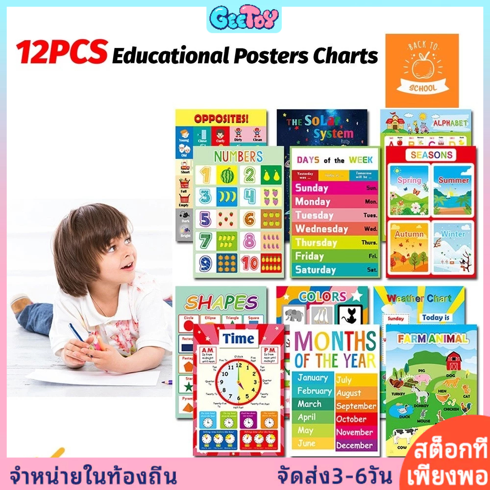 GeeToy 12 ชิ้น A3 โปสเตอร์การศึกษาแผนภูมิสำหรับเด็กก่อนวัยเรียนอนุบาลตัวอักษรตัวเลขรูปร่างสีของเล่นเพื่อการศึกษา