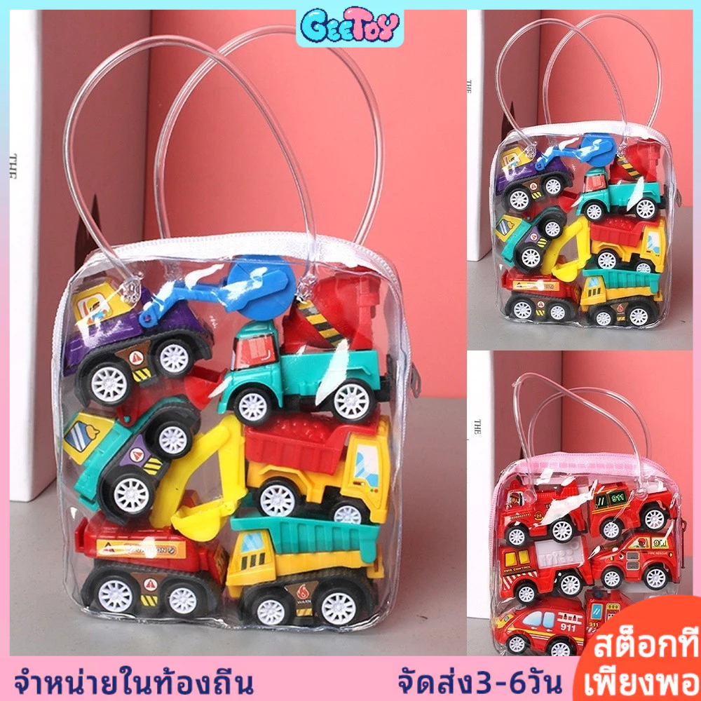 GeeToy ชุดของเล่นรถดับเพลิงแบบดึงกลับขนาดเล็ก 6 ชิ้นพร้อมกระเป๋าใส่ของ 1 ใบ