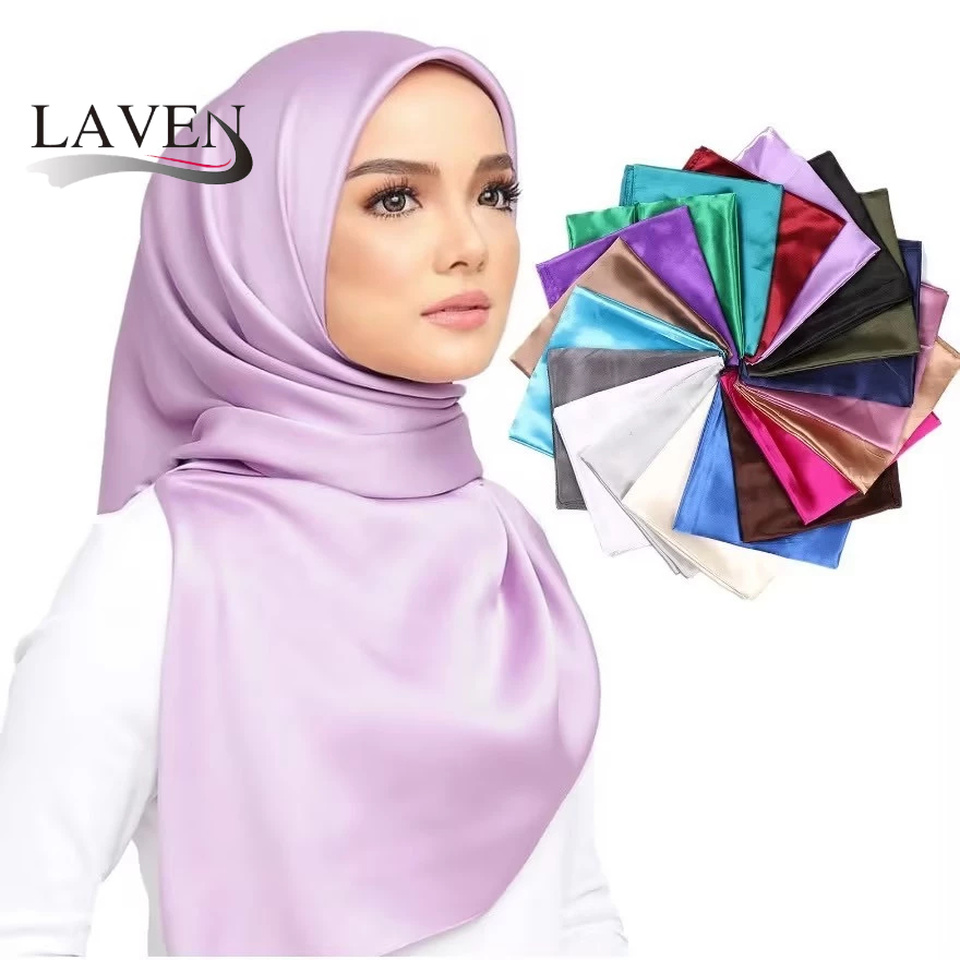 24 สี 90x90 ซม.ผู้หญิงเลียนแบบผ้าพันคอผ้าไหมซาตินผ้าพันคอผ้าพันคอขนาดใหญ่มุสลิม Bawal Square Hijab ผ้าพันคอ Neckerchief
