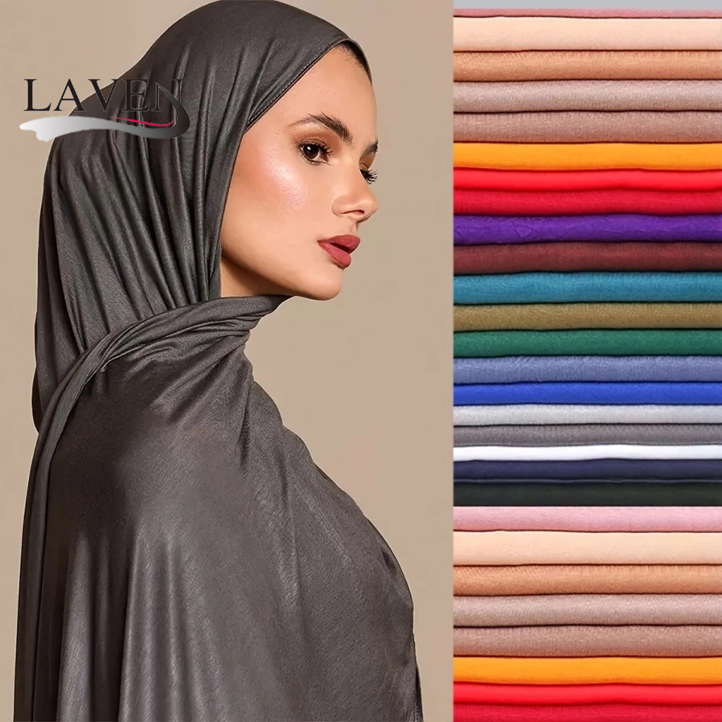 Laven สีทึบยืดหยุ่น Jersery ผ้าฝ้าย Hijab ผ้าคลุมไหล่มุสลิม Hijab Tudung ผู้หญิง Jersey ผ้าพันคอ Foulard ผ้าฝ้าย Headscarf