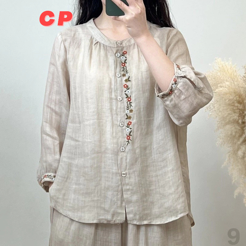 Cp ผ้าฝ้ายผ้าลินินเสื้อผู้หญิงรอบคอเย็บปักถักร้อย Casual All-Match หลวม Slimmer ดู 2024 ฤดูร้อนสไตล์